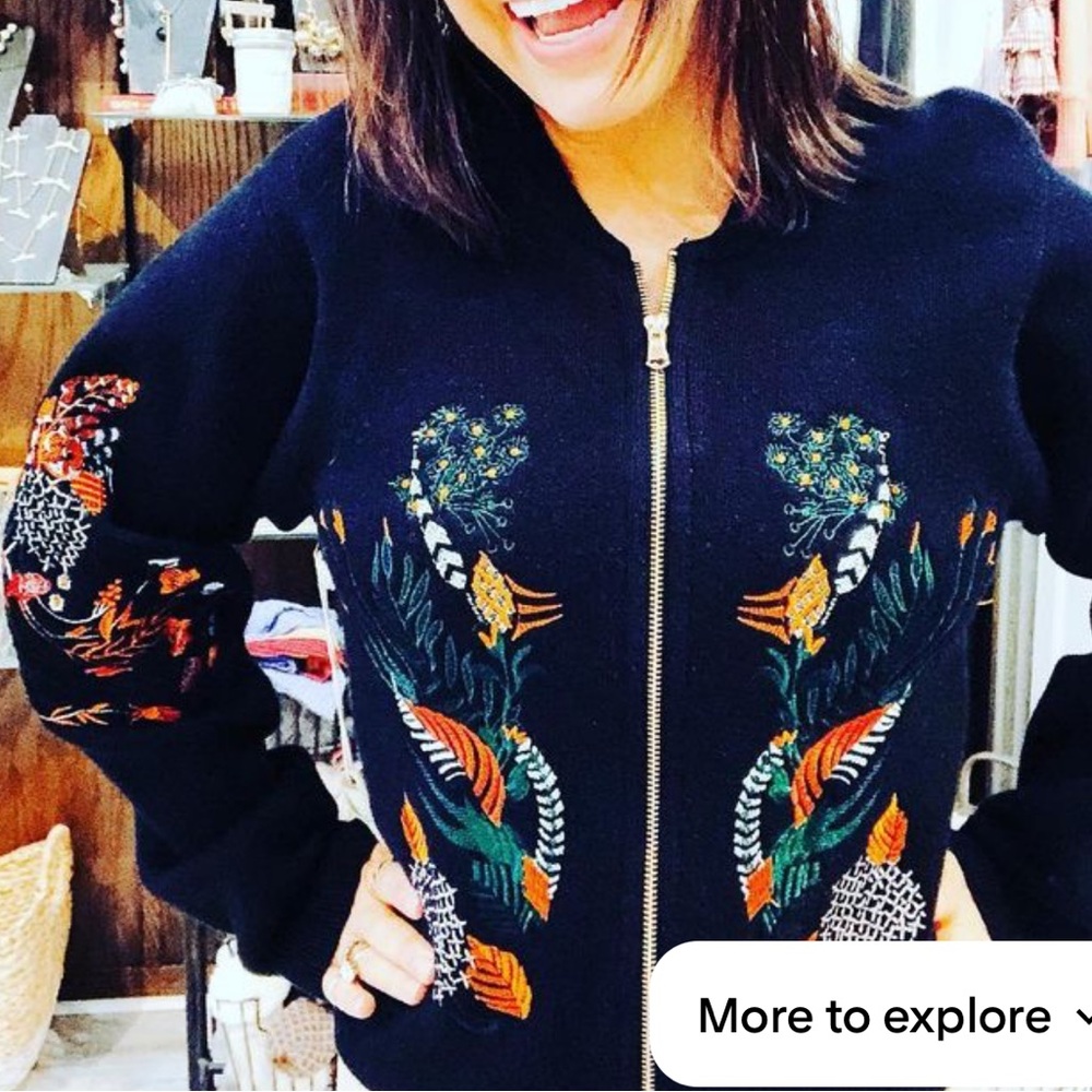 Anthropologie Aratta Silent Journey Embroidered Full Zip Heavy Sweater/Jacket, S